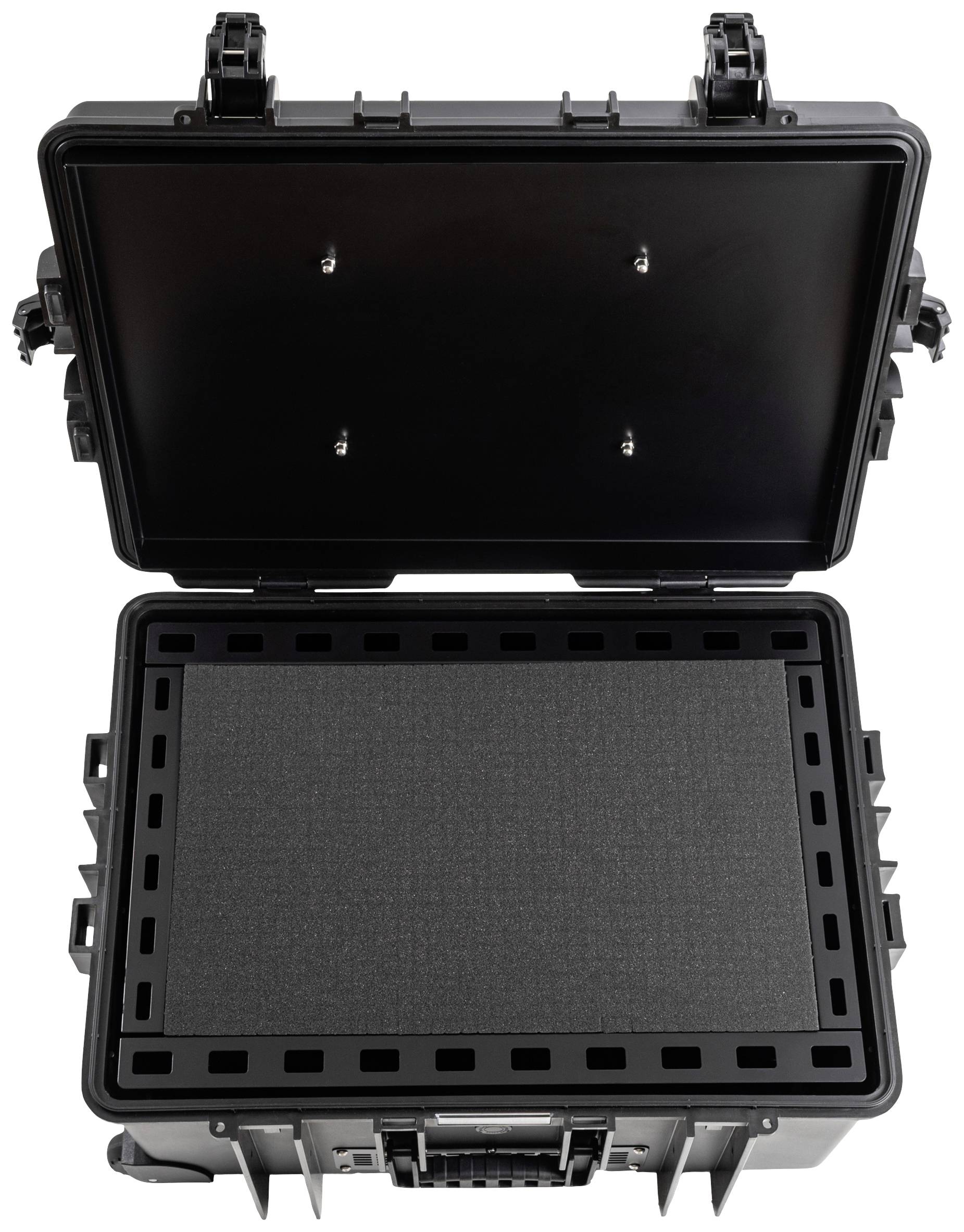 Ein offener, leerer schwarzer Schutzkoffer mit Schaumstoffpolsterung, geeignet für den sicheren Transport empfindlicher Gegenstände.