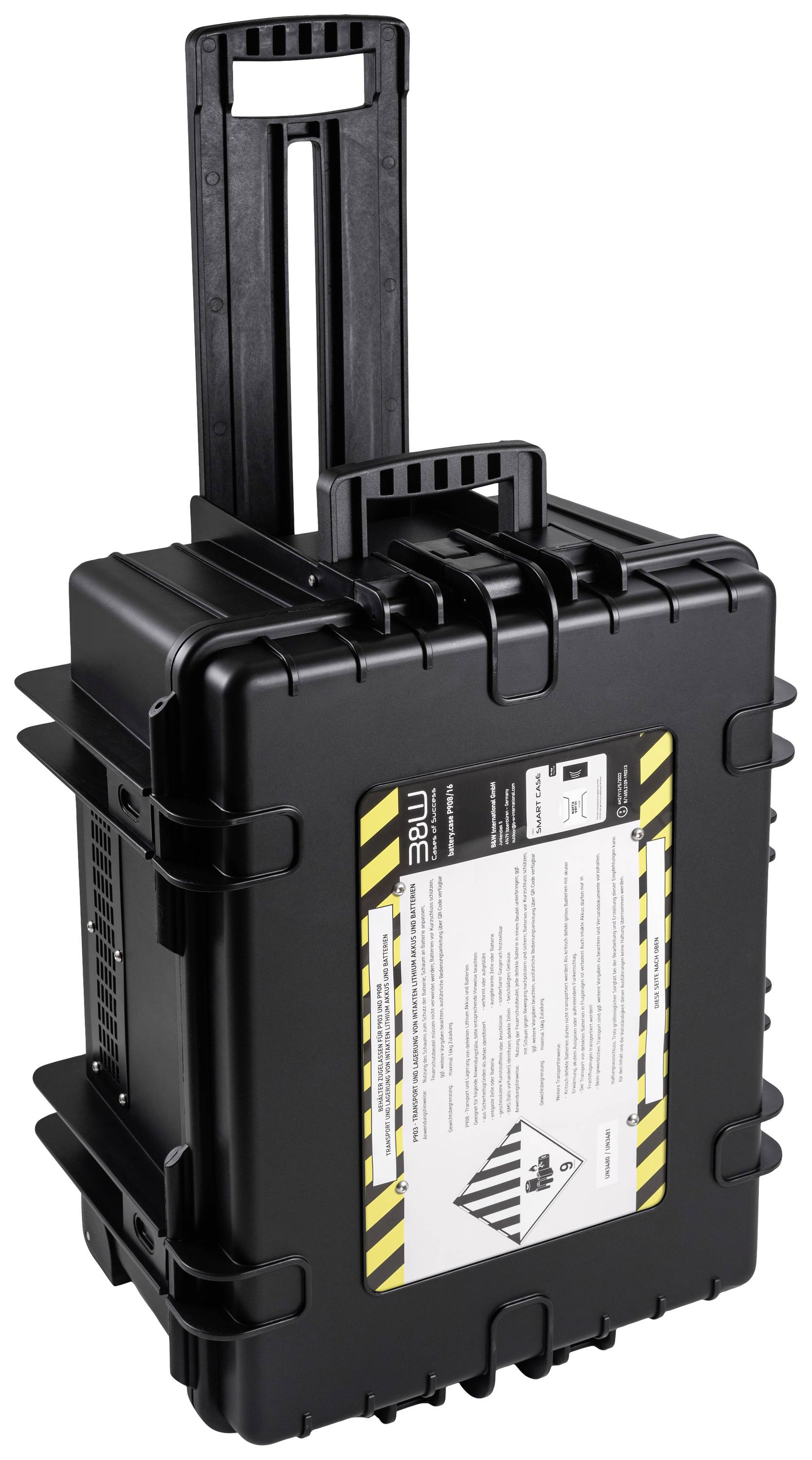 Schwarzer, robuster Rollkoffer mit ausziehbarem Griff. An der Seite befindet sich ein Warnetikett mit Sicherheitsinformationen.