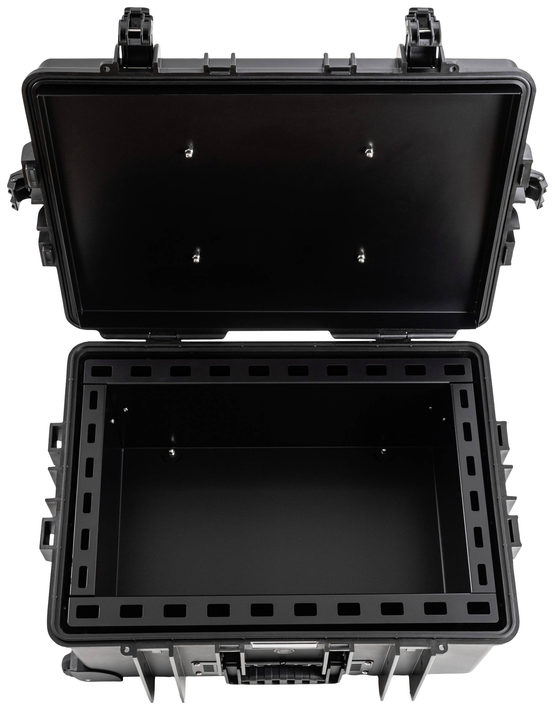 Offener, leerer schwarzer Schutzkoffer aus Hartplastik mit robusten Verschlüssen und Schaumstoffeinlage, geeignet für sichere Aufbewahrung.