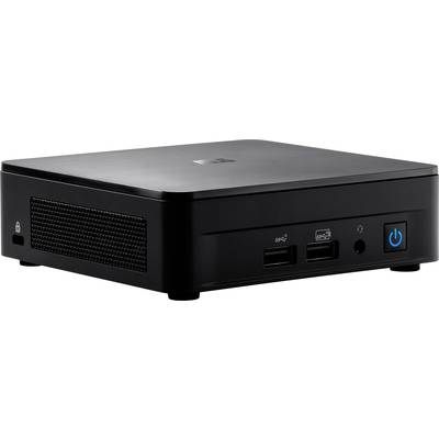 Ein schwarzer Mini-PC mit mehreren USB-Anschlüssen und einer Power-Taste an der Vorderseite.