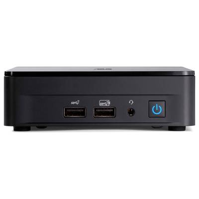 Schwarzer Mini-PC mit zwei USB-Anschlüssen, Kopfhöreranschluss und blauem Einschaltknopf auf der Vorderseite.
