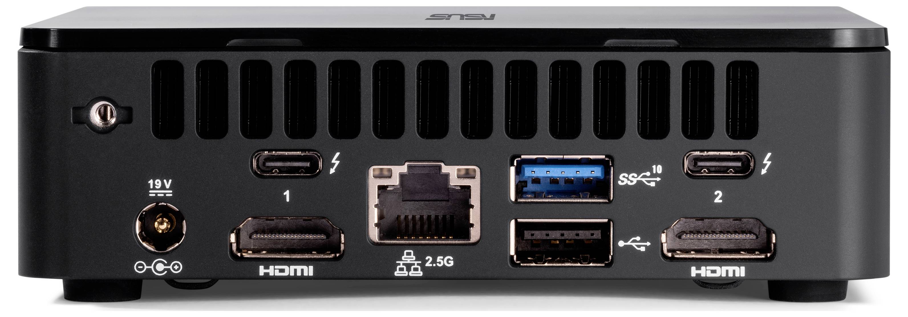 Kompakte schwarze Computerbox mit mehreren Anschlüssen: zwei USB-Anschlüsse, zwei HDMI-Ausgänge, Ethernet, und Stromanschluss.