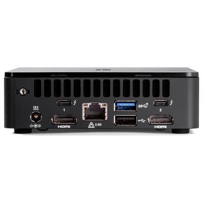 Kompakte schwarze Computerbox mit mehreren Anschlüssen: zwei USB-Anschlüsse, zwei HDMI-Ausgänge, Ethernet, und Stromanschluss.
