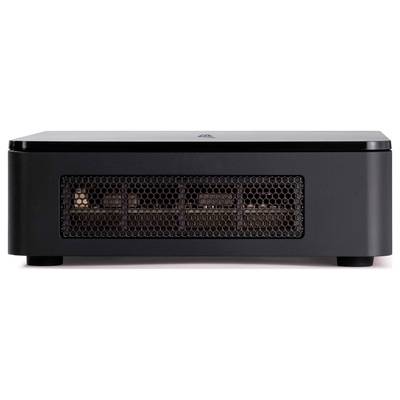 Kleiner, schwarzer Computer; Frontgitter zeigt interne Komponenten. Kompakt und minimalistisch gestaltet für einen modernen Arbeitsplatz.
