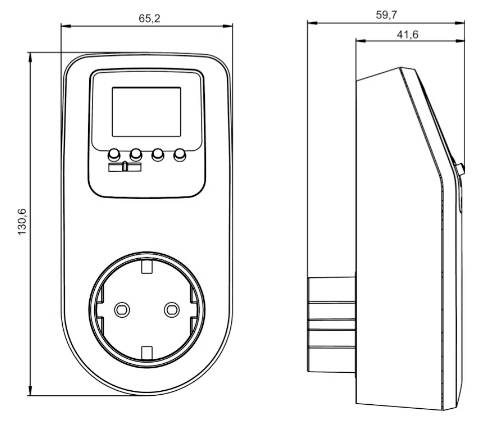 Technische Zeichnung einer Steckdose mit Maßen: 130,6 mm Höhe, 65,2 mm Breite, 41,6 mm Tiefe. Frontal- und Seitenansicht.