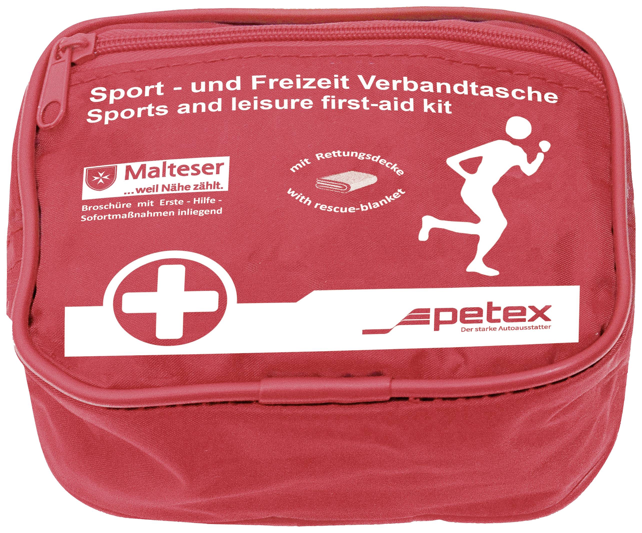 Rote Sport- und Freizeit-Verbandtasche mit Rettungsdecke und Erste-Hilfe-Inhalten. Text: 'Sports and leisure first-aid kit'.