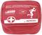 Rote Sport- und Freizeit-Verbandtasche mit Rettungsdecke und Erste-Hilfe-Inhalten. Text: 'Sports and leisure first-aid kit'.