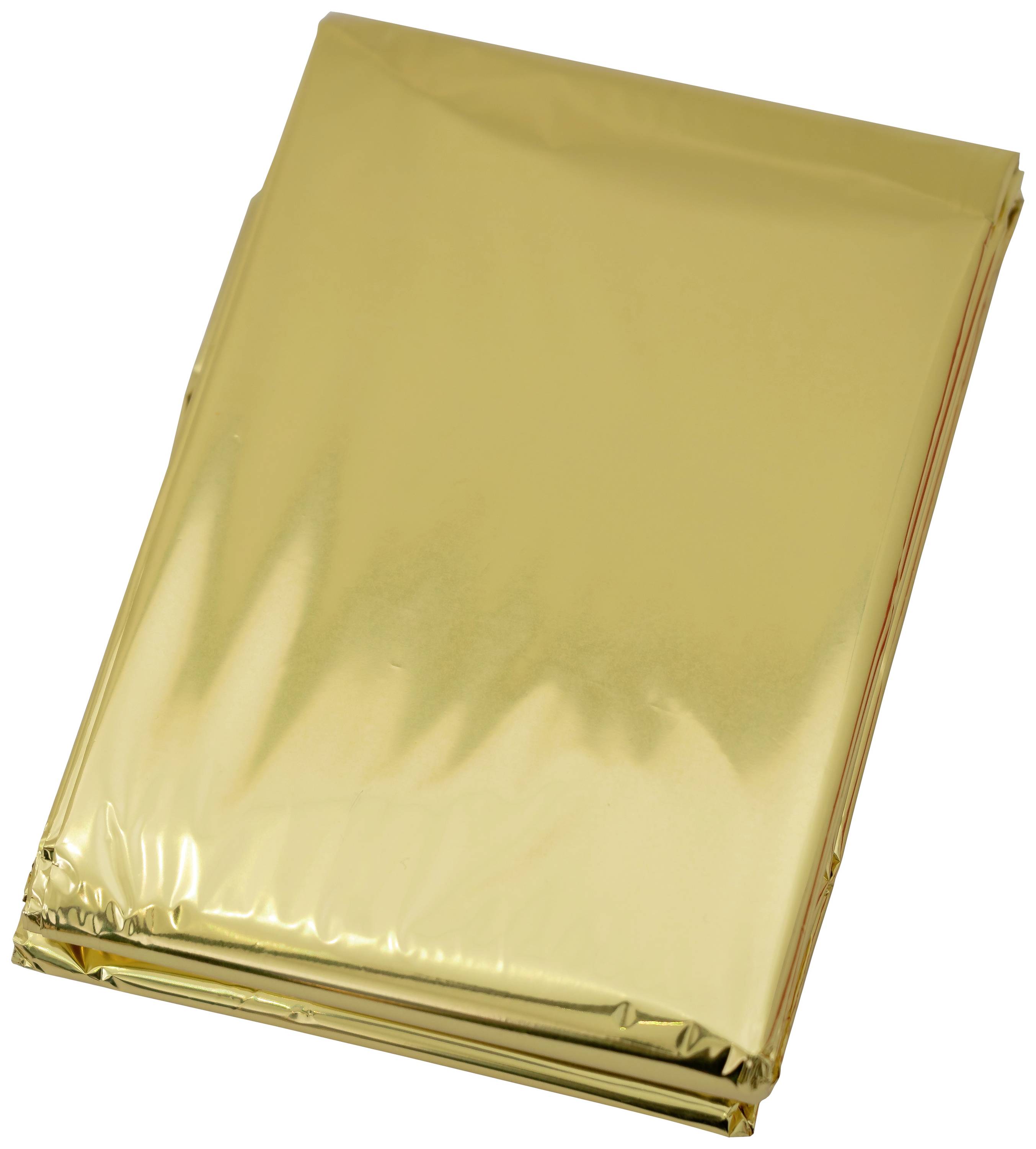 Eine goldene Rettungsdecke, zusammengefaltet, auf einer weißen Oberfläche. Sie wird häufig in Notfallsituationen zur Wärmeerhaltung verwendet.