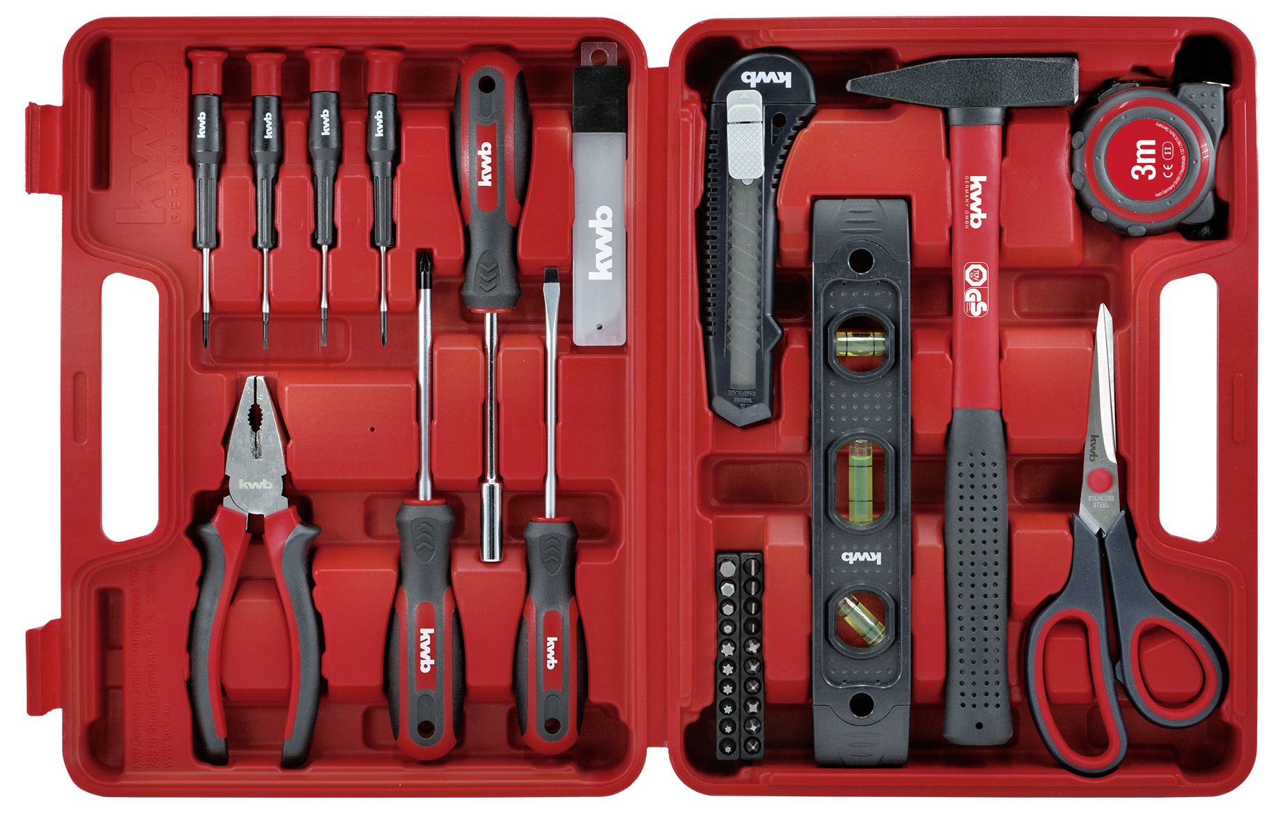 Ein roter Werkzeugkasten mit Schraubenziehern, Zangen, einem Universalmesser, Hammer, Schere, Maßband, Wasserwaagen und montierbaren Bits.