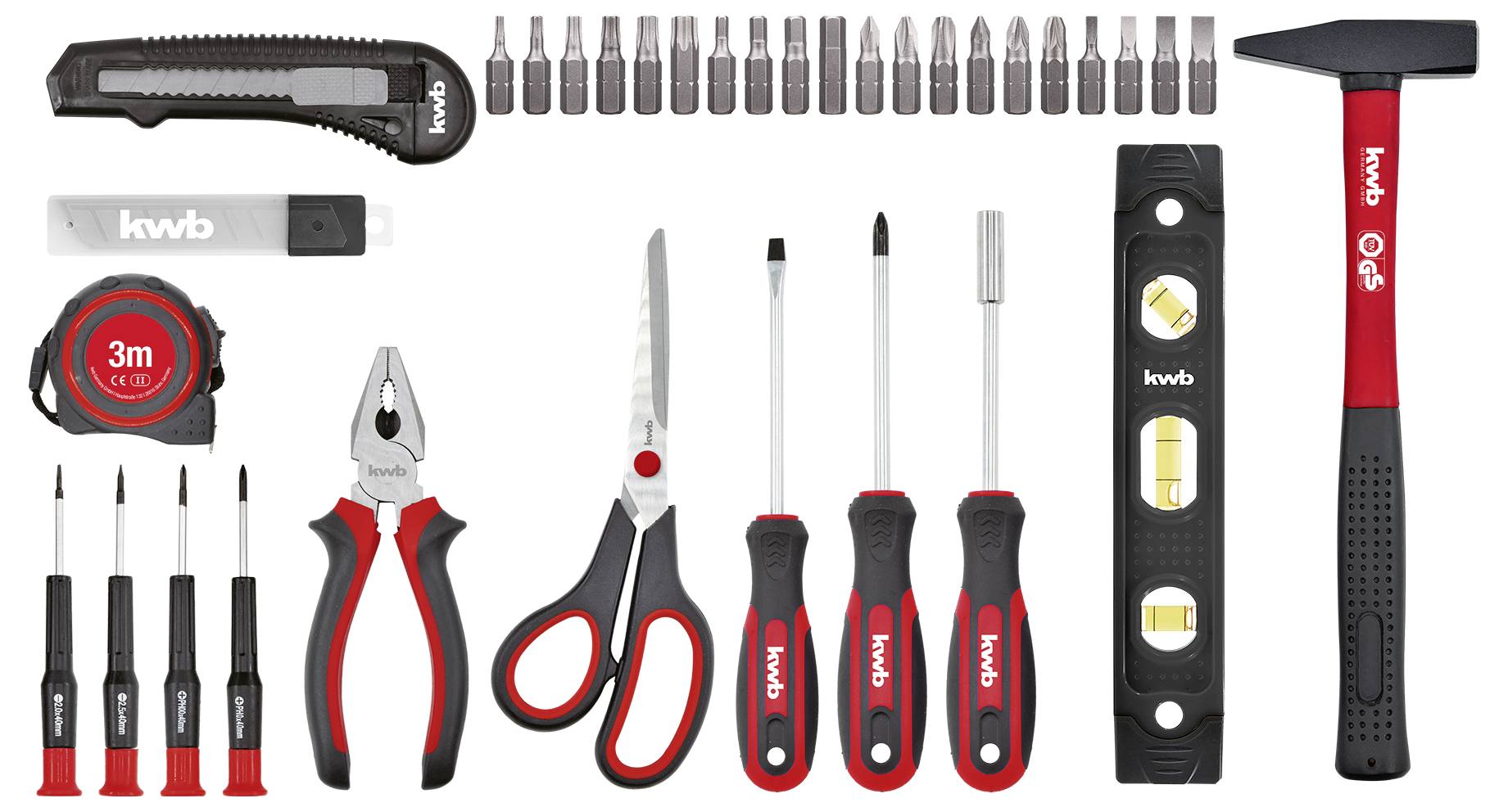 Set von Handwerkzeugen inklusive eines Universalmessers, Schraubendreher-Bits, Maßband, Zange, Schere, Schraubenziehern, Wasserwaage und Hammer.