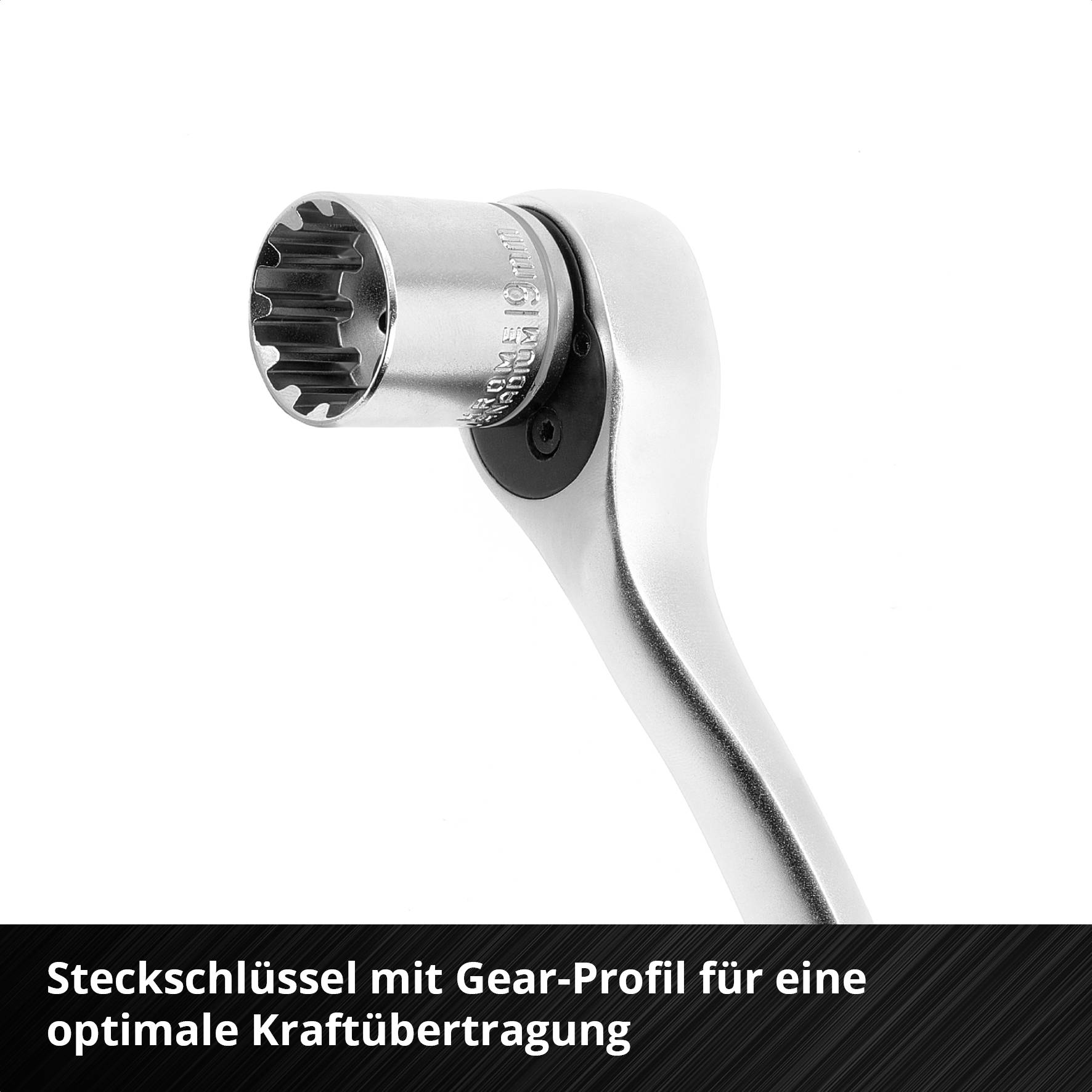 Ein Steckschlüssel mit speziellem Gear-Profil, das eine optimale Kraftübertragung ermöglicht. Im Vordergrund auf weißem Hintergrund.