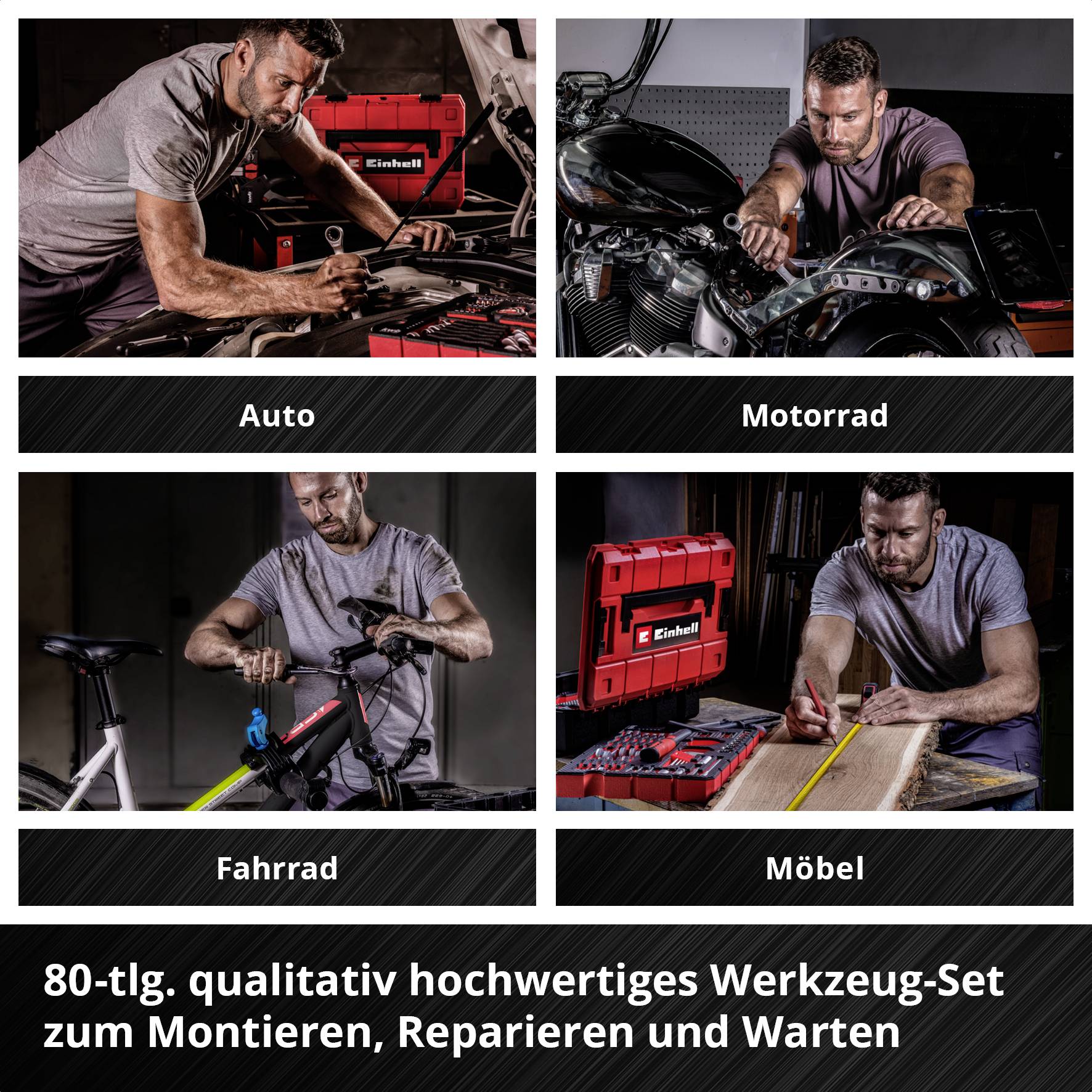 'Vier Bilder zeigen einen Mann, der Auto, Motorrad, Fahrrad und Möbel mit einem Werkzeug-Set von Einhell wartet und repariert.'
