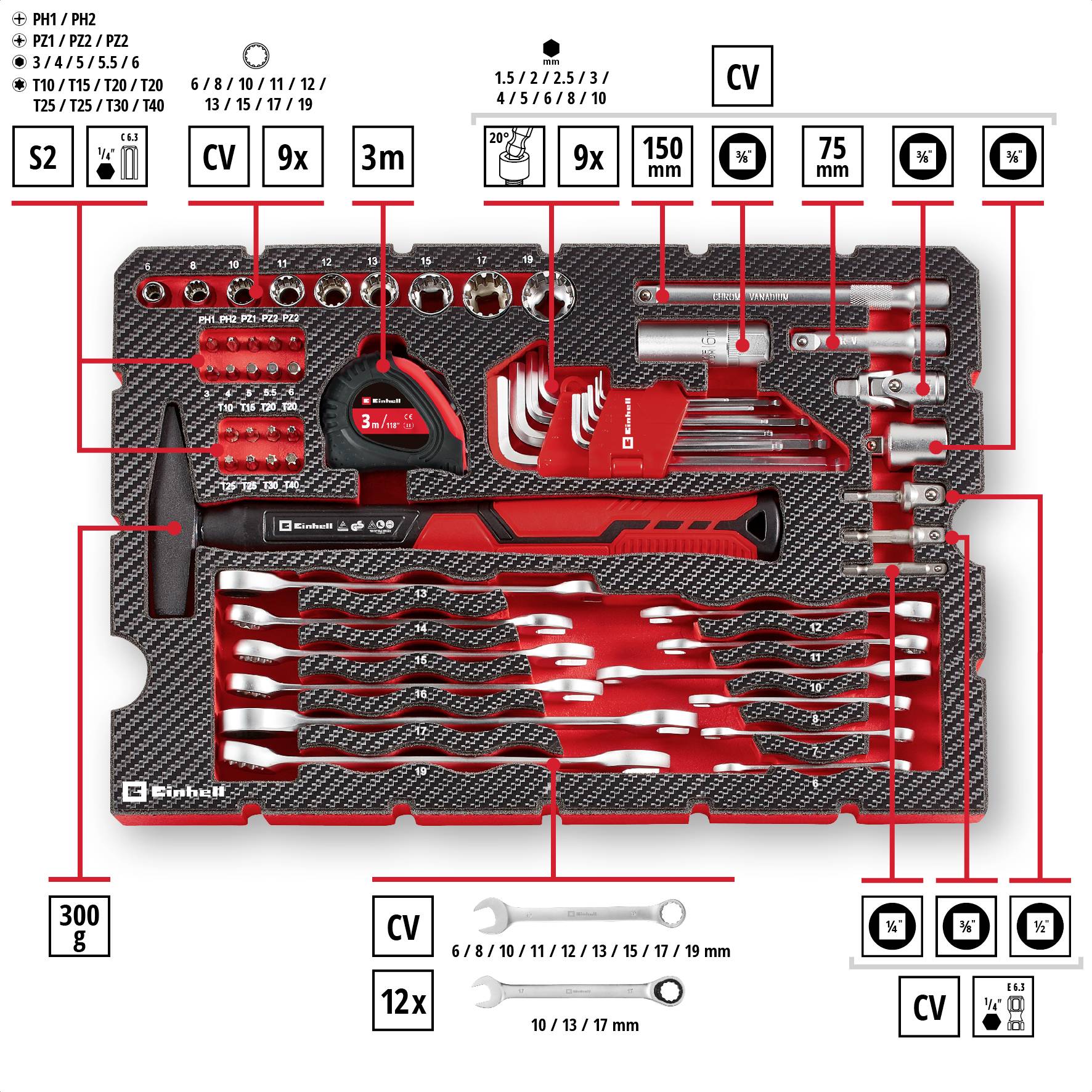 Einhell 80-tlg. Werkzeugkoffer Universal 370570 Werkzeugkoffer bestückt 80teilig (B x H x T) 44.4 x 32.9 x 13.1 cm-16