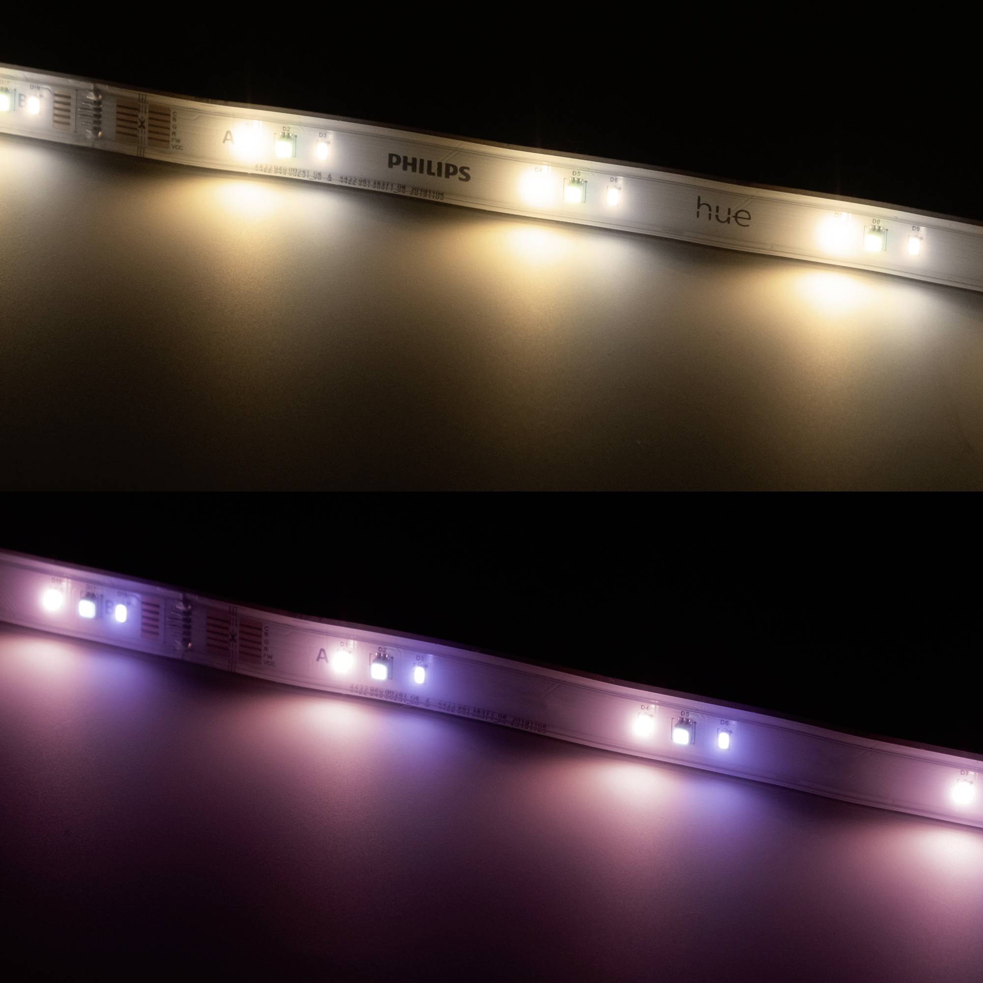 Ein LED-Lichtstreifen von Philips oben mit warmem Licht und unten mit kühler Beleuchtung.