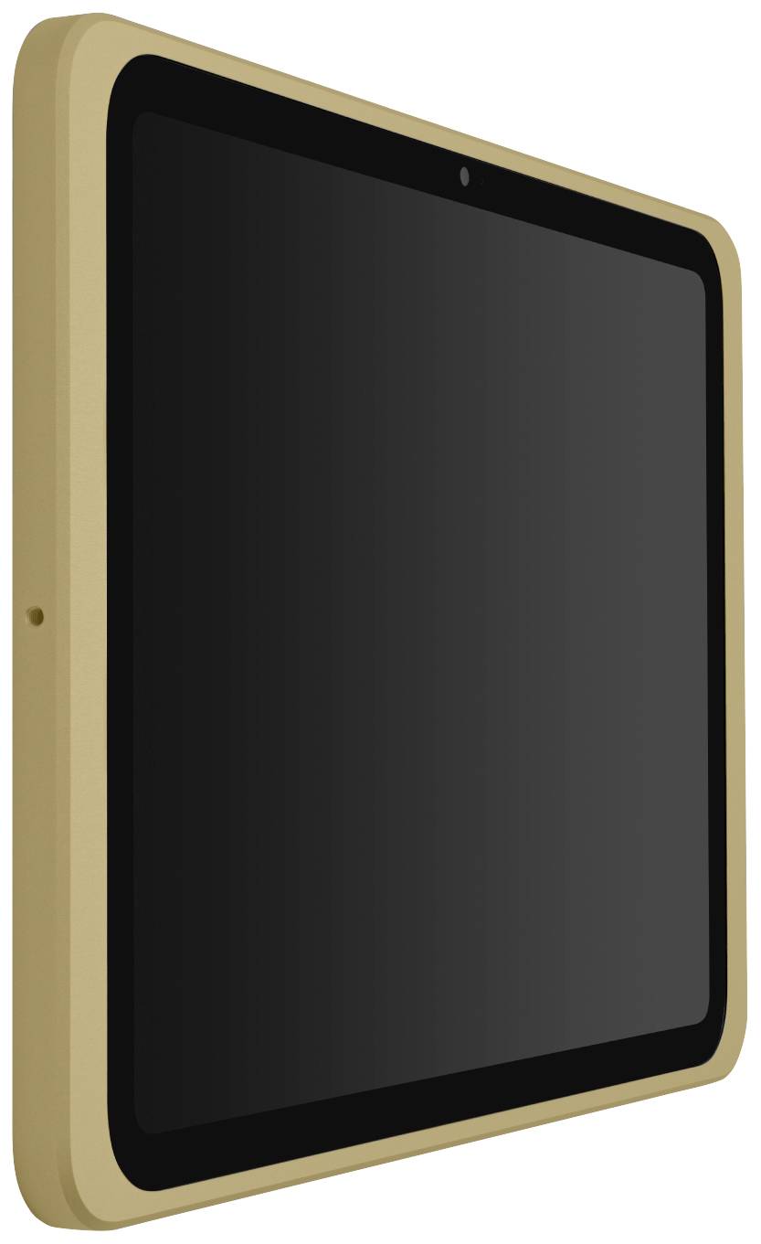 Ein goldfarbenes Tablet mit schwarzem Bildschirm, schräg von der Seite fotografiert. Keine sichtbaren Marken oder Logos.