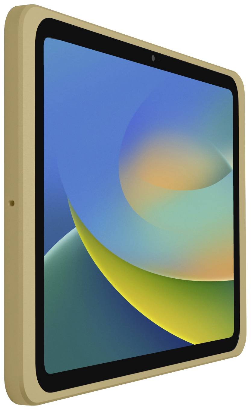 Ein Tablet mit buntem Display und modernem Design, goldenem Rahmen, zeigt eine abstrakte blaue und gelbe Grafik auf dem Bildschirm.