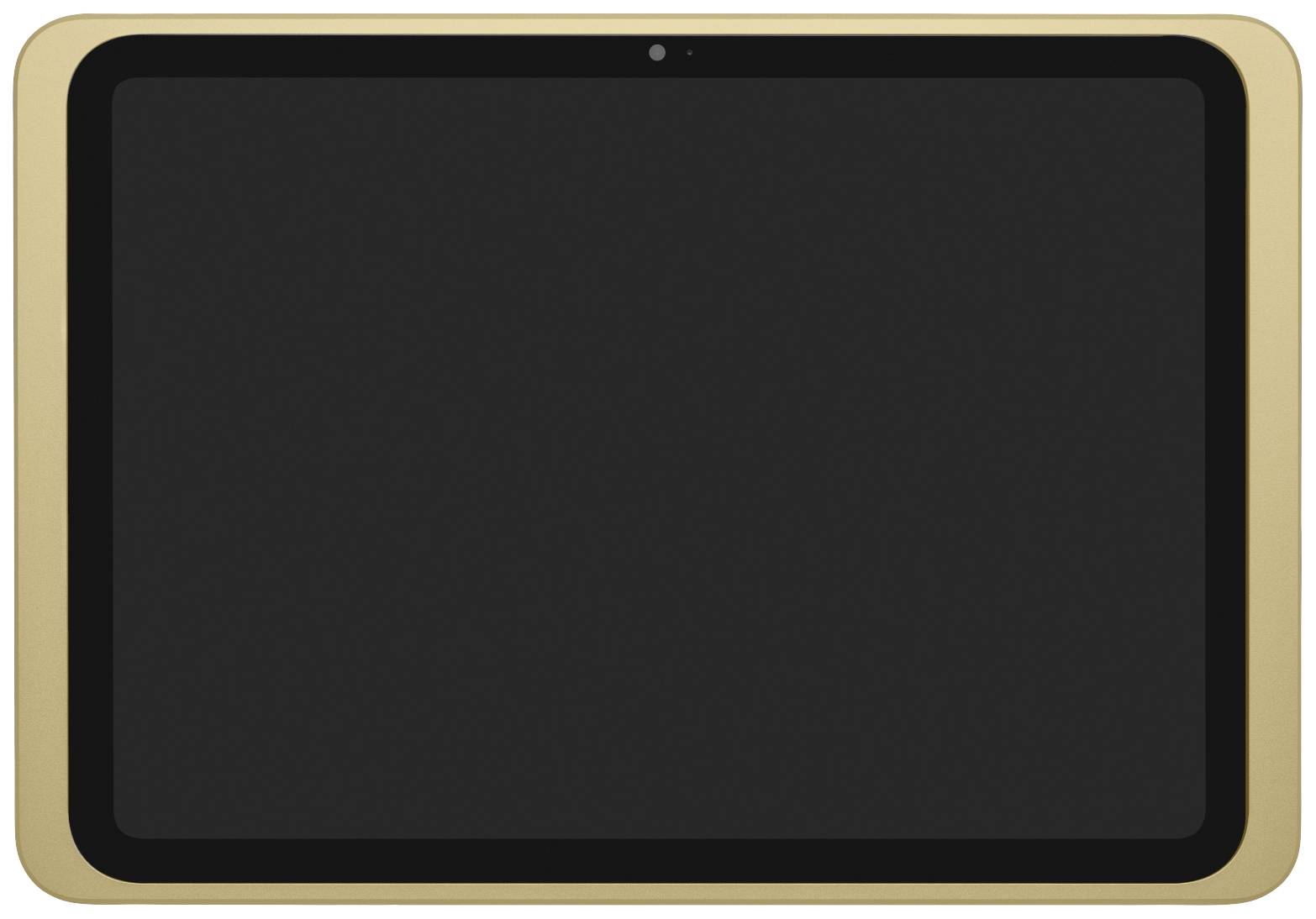 Ein Tablet mit goldenem Rahmen und schwarzem Bildschirm, frontalansicht.