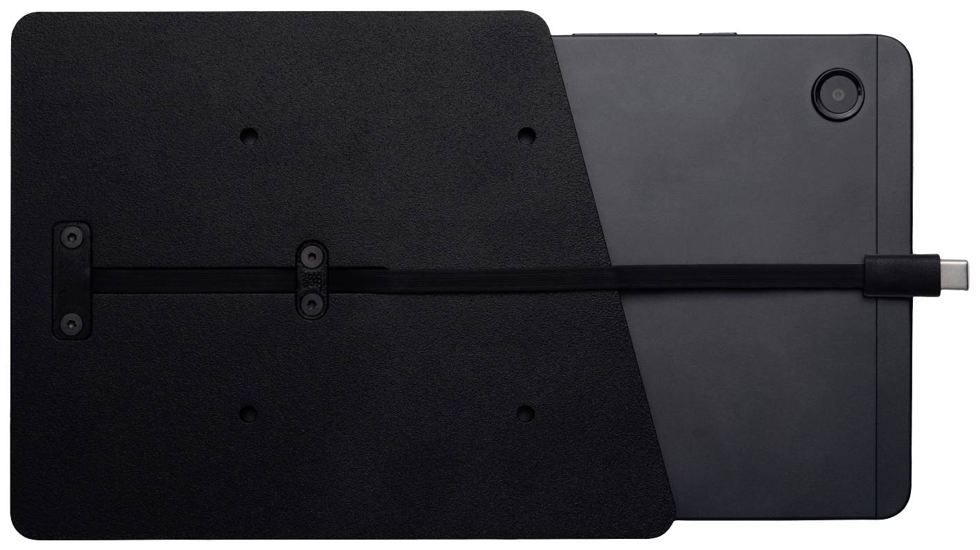 Schwarzes Tablet, teilweise von einer schwarzen Abdeckung verdeckt, mit Kamera und USB-C-Anschluss sichtbar.