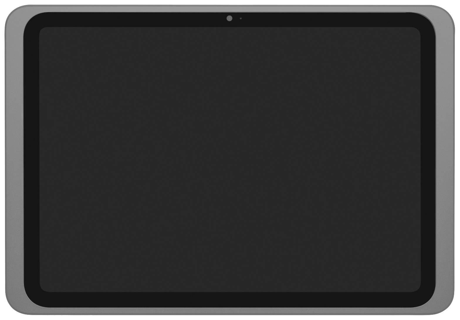 Ein Tablet mit schwarzem Bildschirm, Rahmen in Grau, Frontkamera oben in der Mitte.