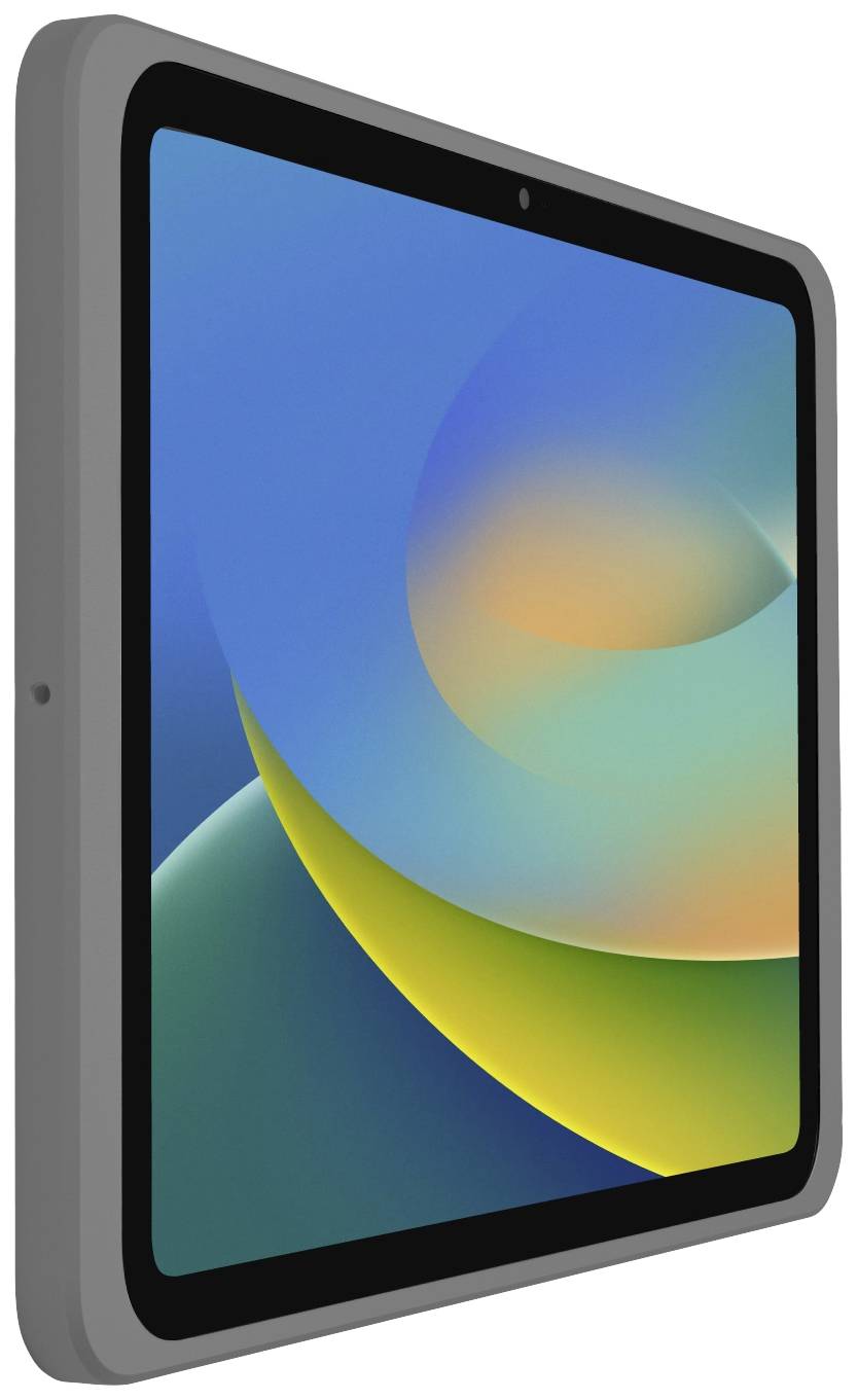 Tablet mit abgerundeten Ecken und einfachem Gehäusedesign, zeigt einen farbenfrohen, abstrakten Bildschirmhintergrund in Blau und Gelb.