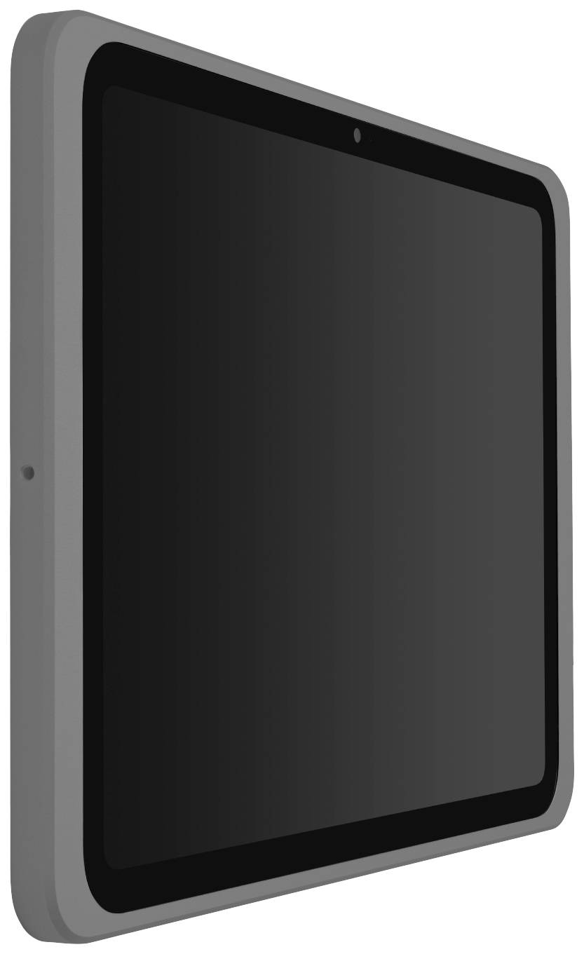 Ein modernes, schwarzes Tablet mit großem Bildschirm und grauem Rahmen, aufrecht stehend in leichtem Winkel, vor weißem Hintergrund.