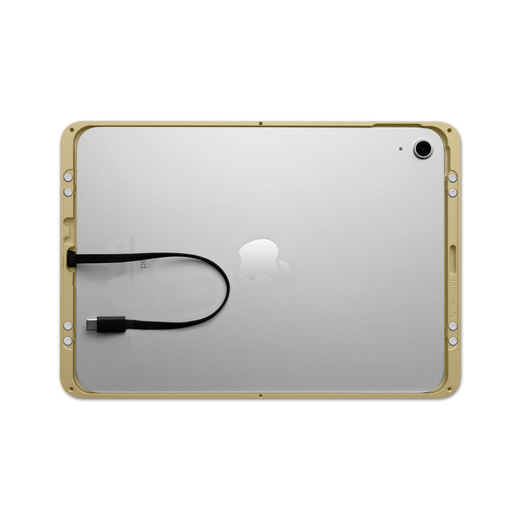 Rückseite eines Tablets mit einem Kabel, das ein USB-C-Anschluss zu sein scheint, auf der linken Seite. Ein Apfel-Logo ist sichtbar.
