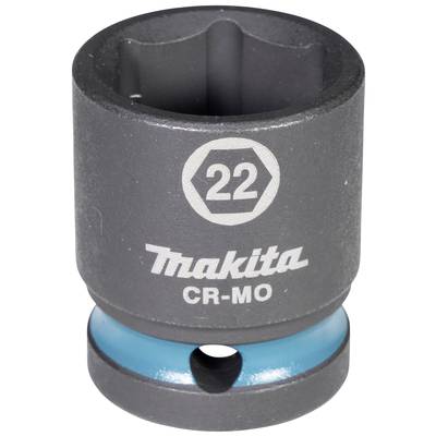 Eine schwarze Makita Stecknuss der Größe 22, aus CR-MO-Stahl, mit einem blauen Ring an der Basis.