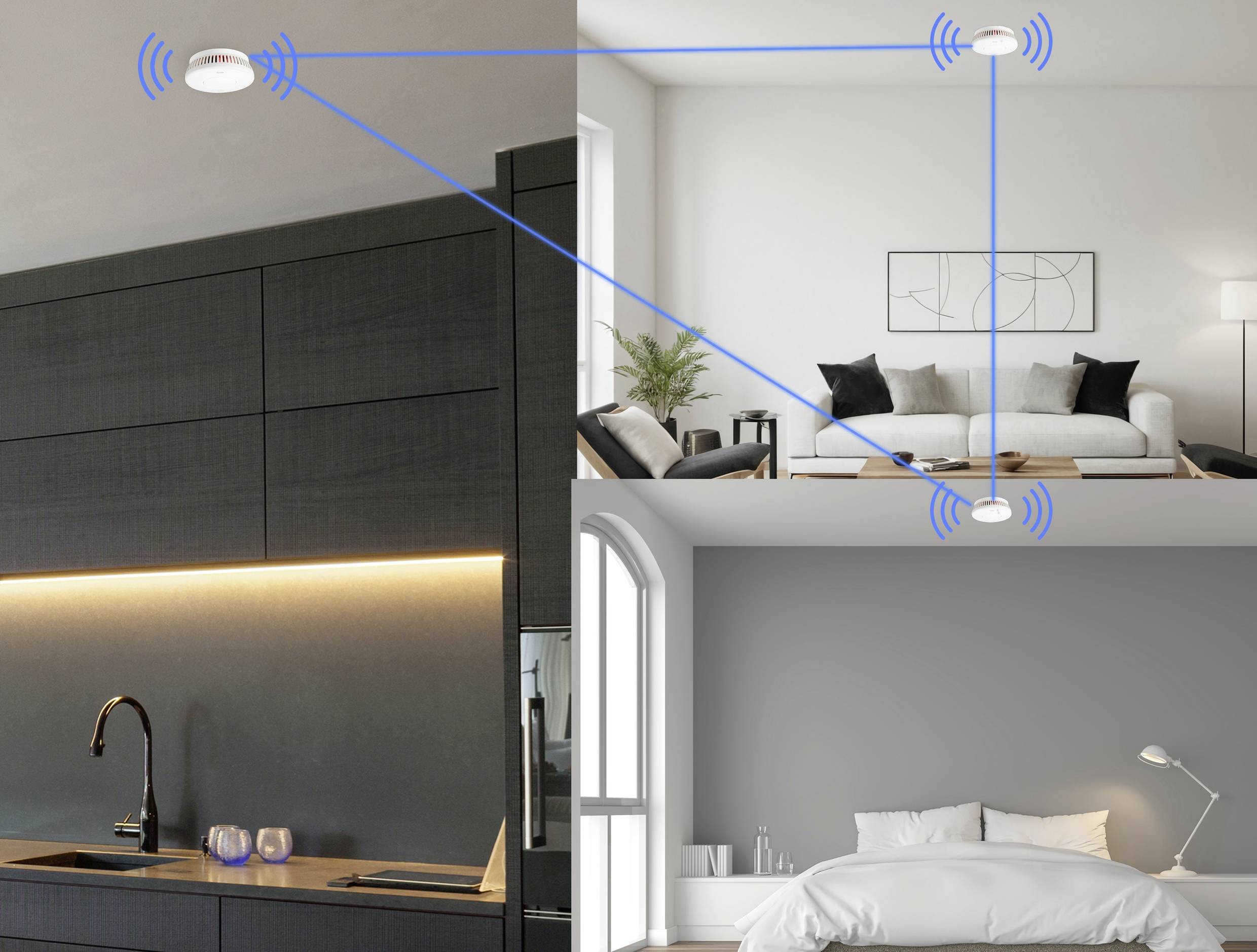 'Illustration eines Smart Home-Systems: Rauchmelder sind in Küche, Wohnzimmer und Schlafzimmer mit blauen Linien miteinander verbunden.'