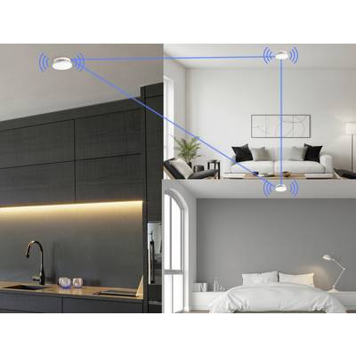 'Illustration eines Smart Home-Systems: Rauchmelder sind in Küche, Wohnzimmer und Schlafzimmer mit blauen Linien miteinander verbunden.'