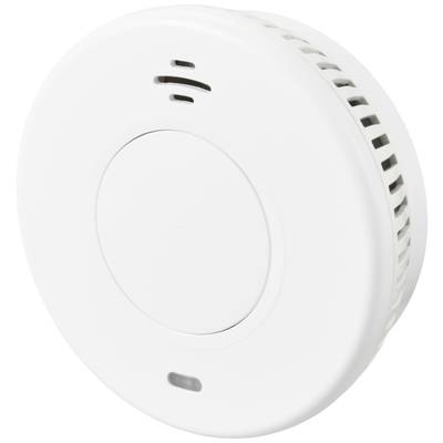 Ein weißer Rauchmelder mit Lüftungsschlitzen, zentralem Knopf und LED-Anzeige zur Erkennung von Rauch und Warnung vor Feuer.