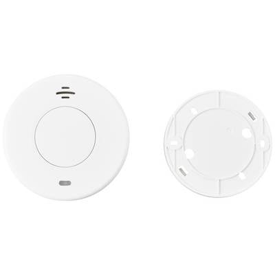 Ein runder Rauchmelder mit abnehmbarem Montagesockel. Der Melder hat eine zentrale Testtaste und eine LED-Anzeige.