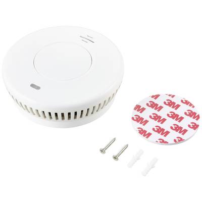 Rauchmelder mit Befestigungsmaterial, darunter zwei Schrauben, zwei Dübel und ein 3M-Klebestreifen, auf weißem Hintergrund.