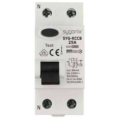 Ein RCCB-Leistungsschalter von sygonix. Angaben: SYG-RCCB, 25A, 230V, 30mA. Enthält Testknopf und Symbole für CE und andere Standards.