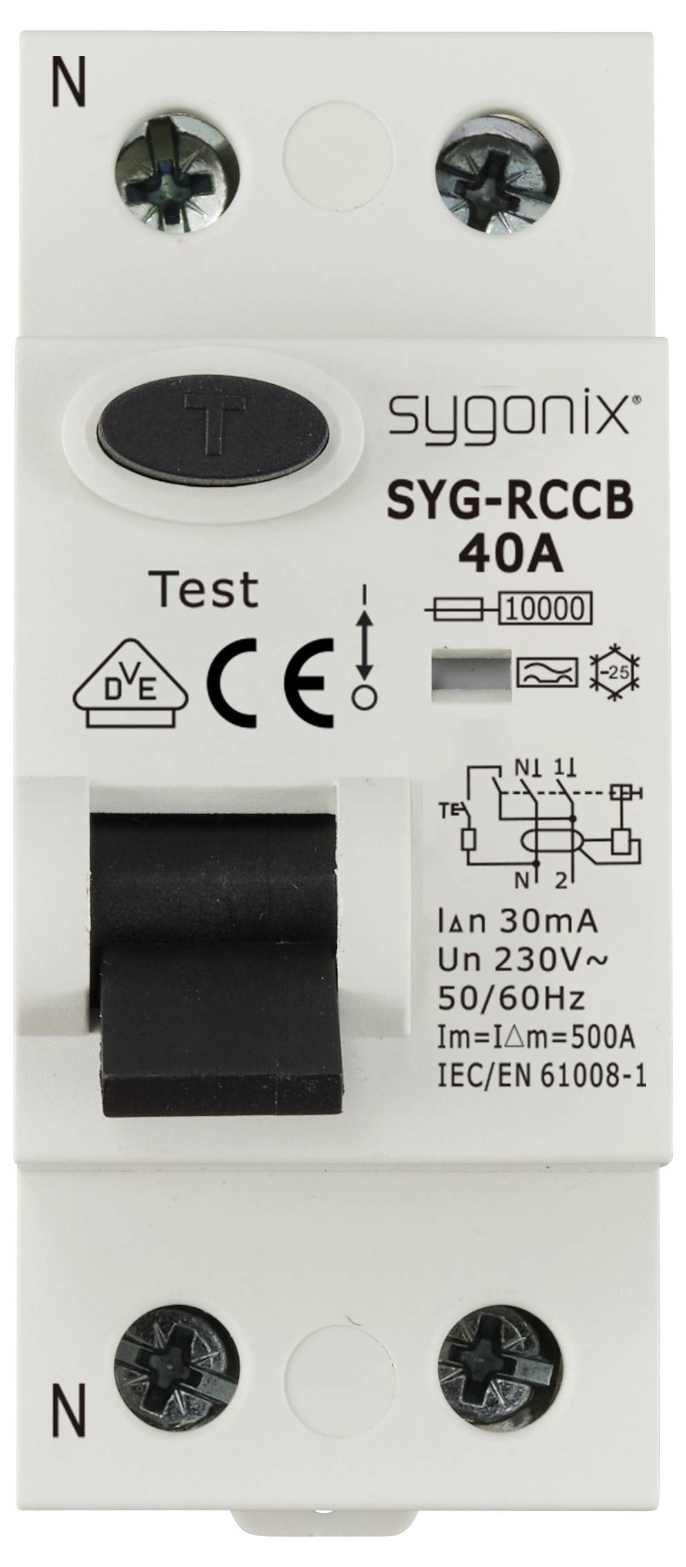 Ein 40A FI-Schutzschalter mit Testknopf, Markenname 'sygonix', Symbolen für elektrische Spezifikationen und Konformitätszeichen.