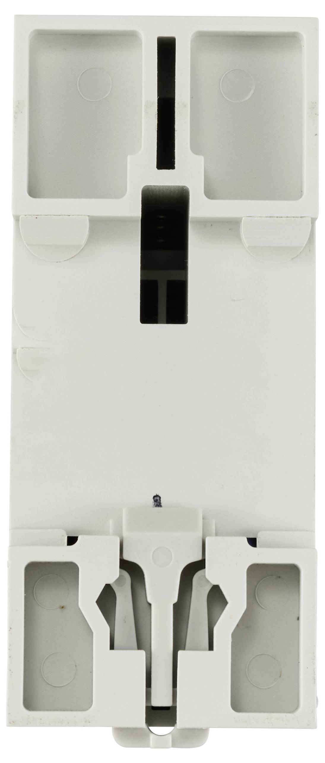 Ein weißes elektrisches Bauteil mit rechteckiger Form und mehreren Steckverbindungen, möglicherweise ein Modul für einen Schaltschrank.