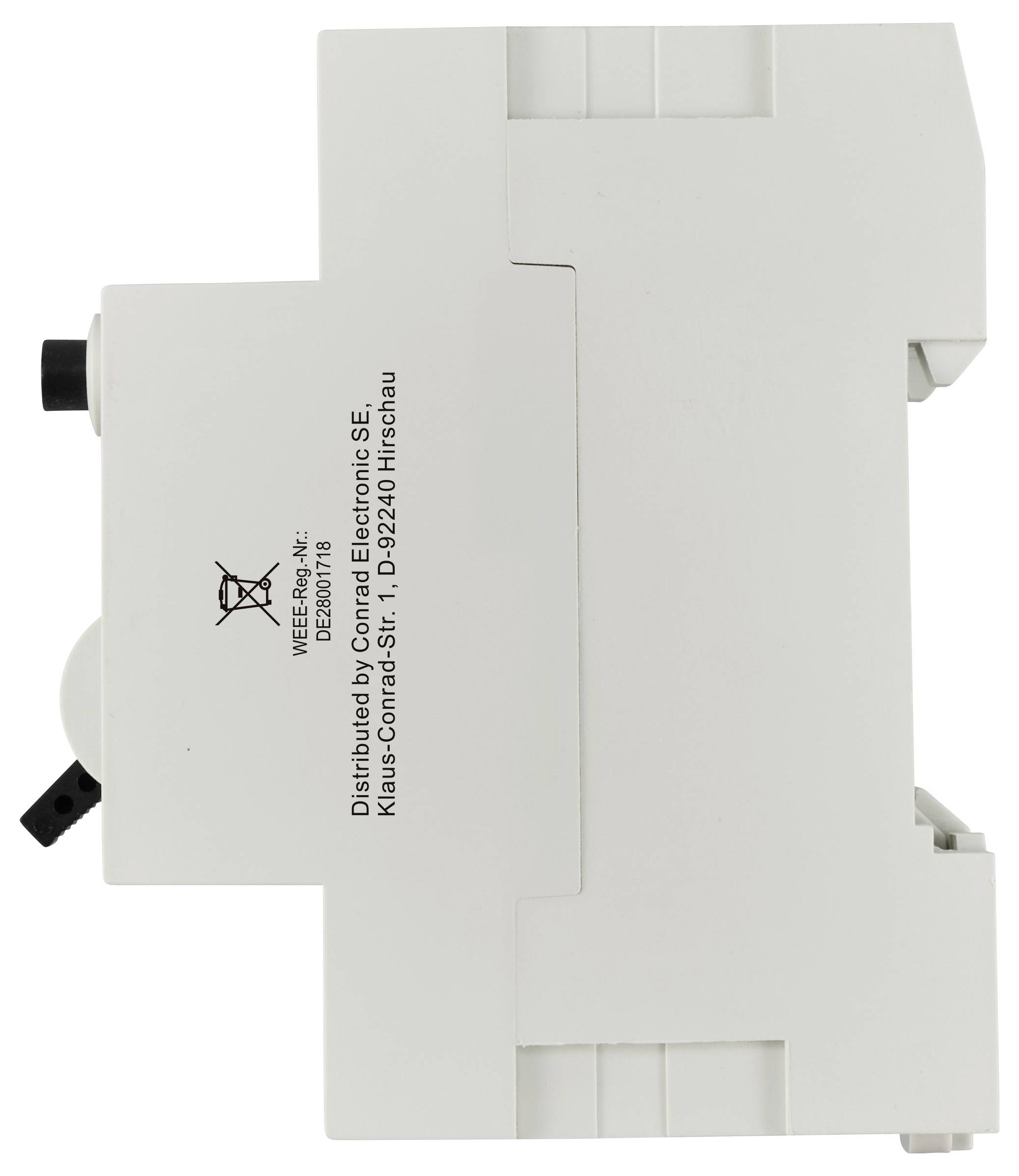 Ein weißes elektrisches Gerät mit einem Kippschalter und Beschriftung 'Distributed by Conrad Electronic SE'.