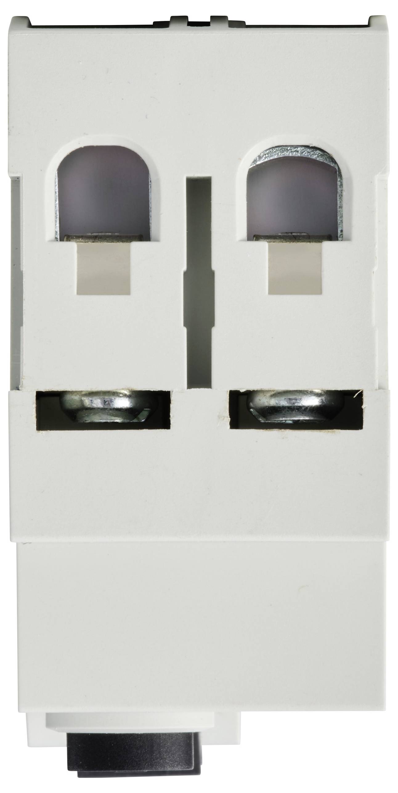 Weiße elektrische Sicherung mit zwei sichtbaren Metallkontakten und Schutzabdeckungen, frontal abgebildet.