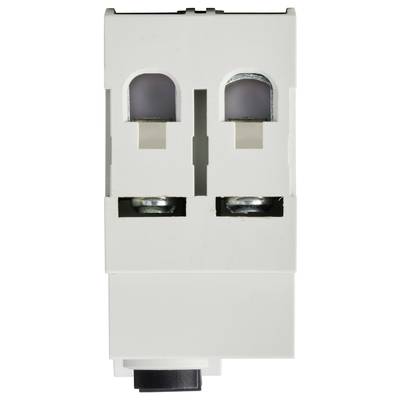 Weiße elektrische Sicherung mit zwei sichtbaren Metallkontakten und Schutzabdeckungen, frontal abgebildet.