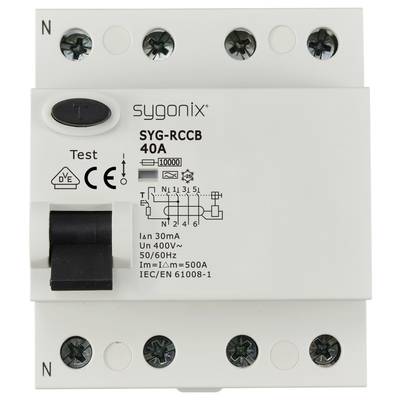 Ein Fehlerstromschutzschalter (FI-Schalter) mit der Aufschrift 'sygonix SYG-RCCB 40A', zeigt Symbole und technische Daten wie 400V und 30mA.