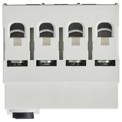 Ein weißer elektrischer Anschlussblock mit vier Anschlussstellen, die für Drähte oder Kabel genutzt werden können.