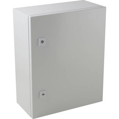 Grauer, rechteckiger Wandschrank mit zwei Schlössern an der Vorderseite.