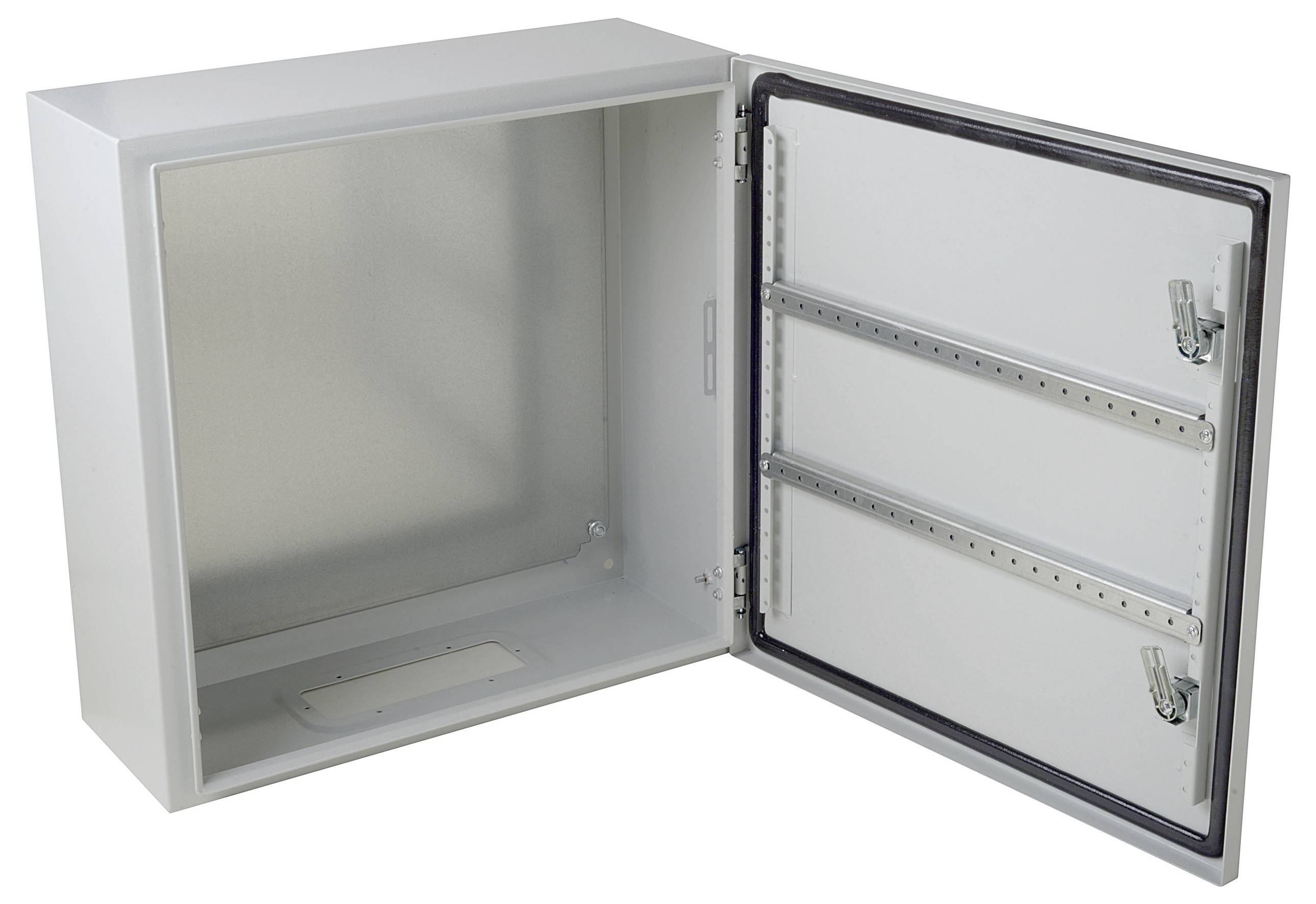 Grau-weißer Metallkoffer mit geöffnetem Türpanel und Gummidichtung, geeignet für elektronische Geräte oder Kabelschutz.