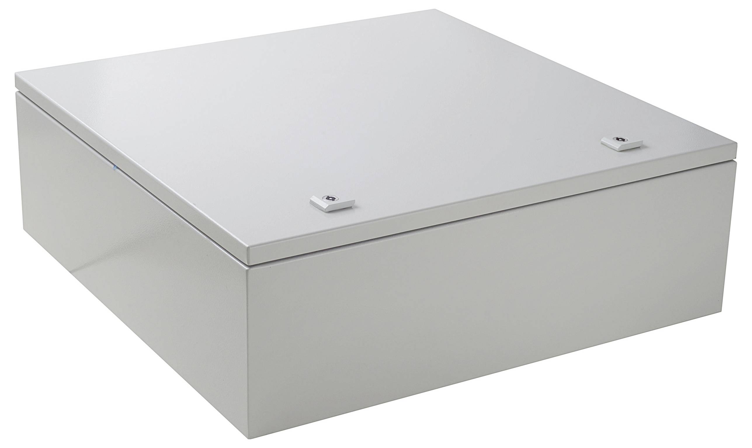 Weiße, metallische Box mit glattem Deckel, quadratisch. Geeignet für Lagerung oder Schutz von Gegenständen.