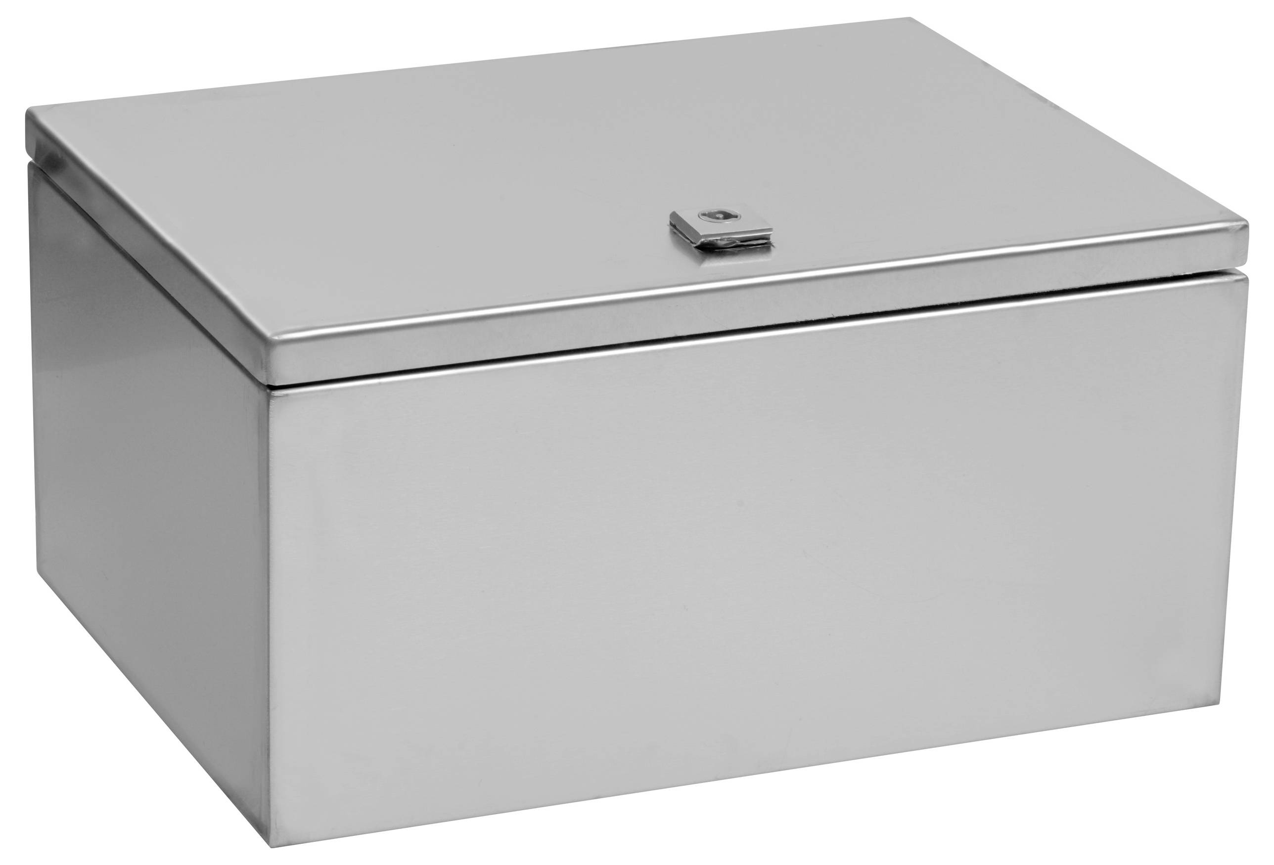 Eine rechteckige, silberne Metallkiste mit Deckel und einem kleinen Schloss oben in der Mitte, geeignet zur sicheren Aufbewahrung.