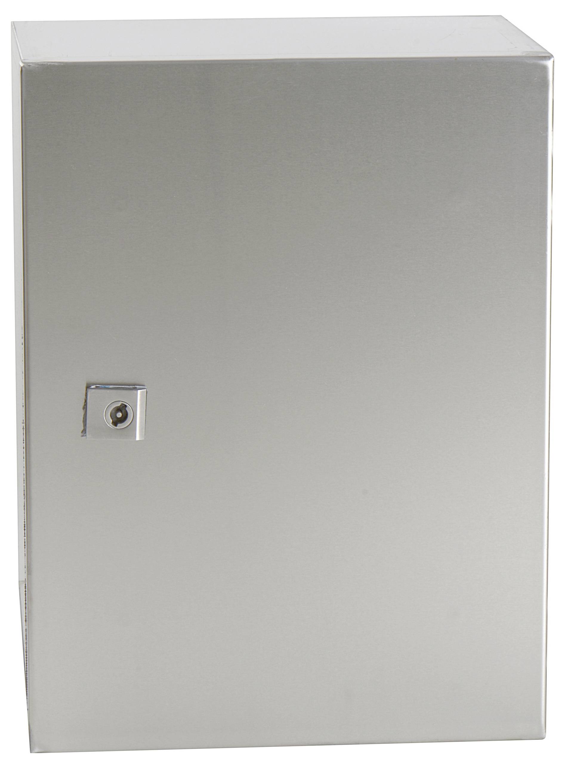 Grauer Metallschrank mit quadratischem Schloss unten links an der Tür.