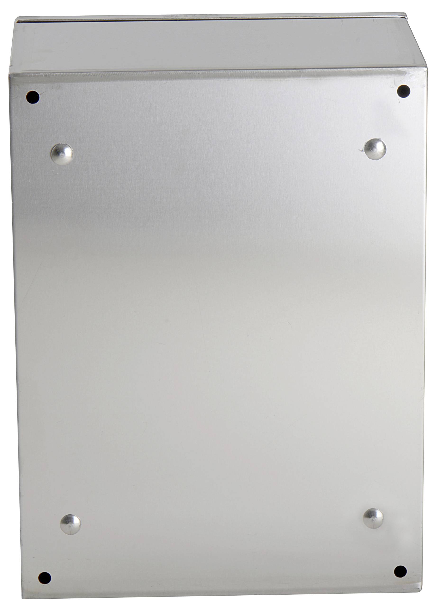 Ein rechteckiges, metallisches Gehäuse mit vier sichtbaren Schrauben an den Ecken. Es zeigt eine glatte Oberfläche ohne erkennbare Funktionen.