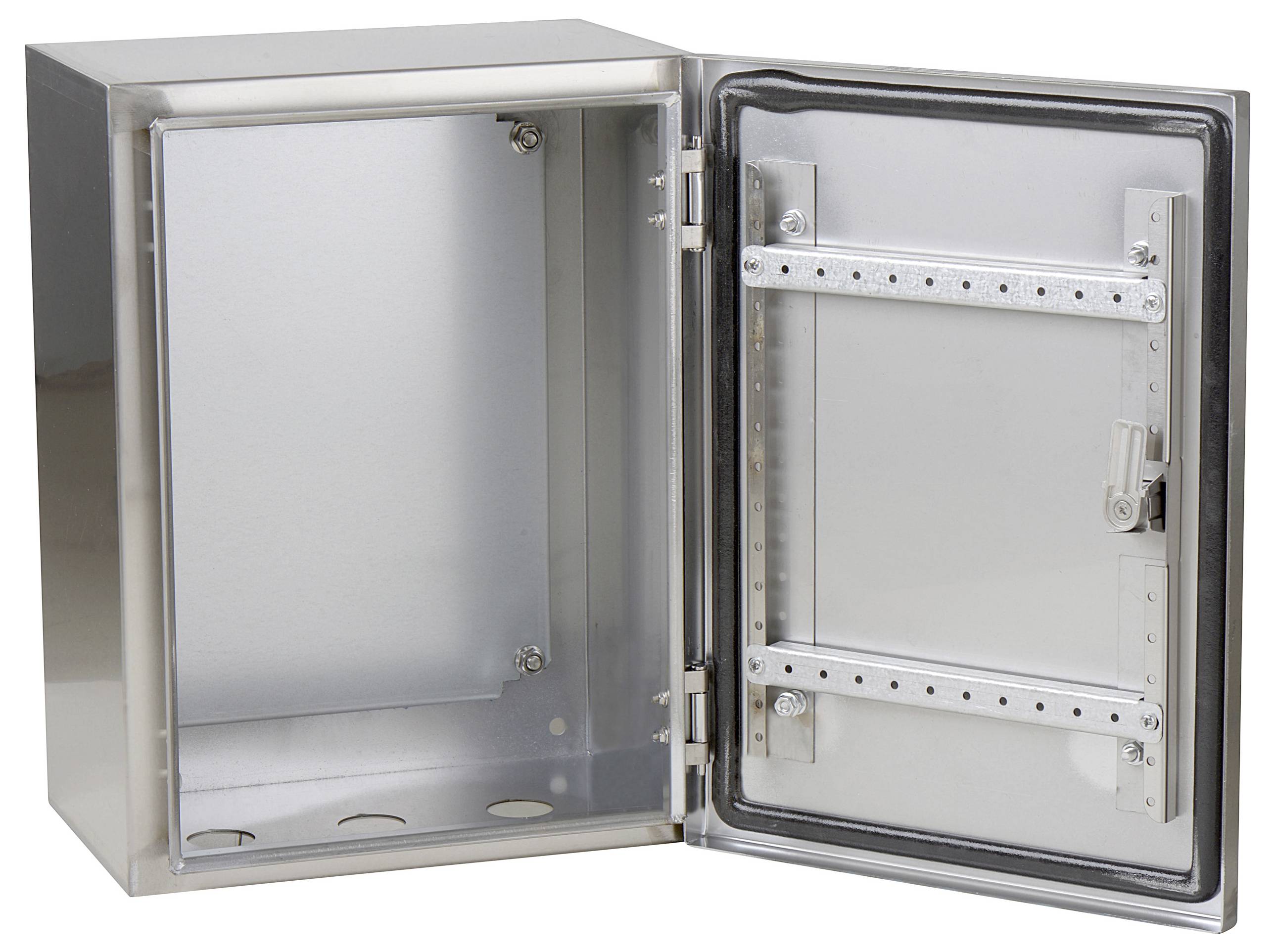 Metallischer Schrank mit geöffneter Tür, zeigt ein leeres Inneres und Befestigungsschienen. Industrieller Gebrauch.