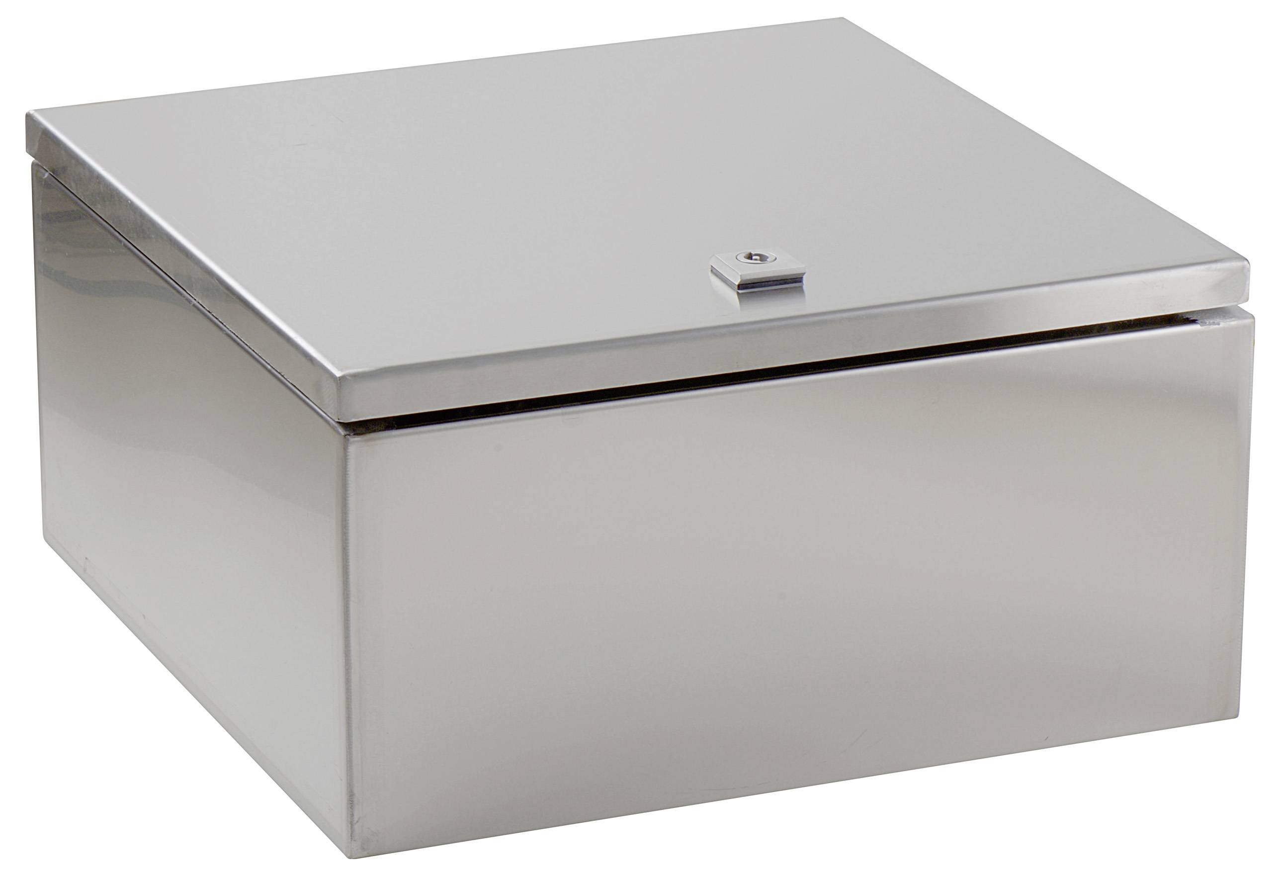 Metallene Spendenbox mit rechteckiger Form, glänzender Oberfläche und Schloss auf dem Deckel.