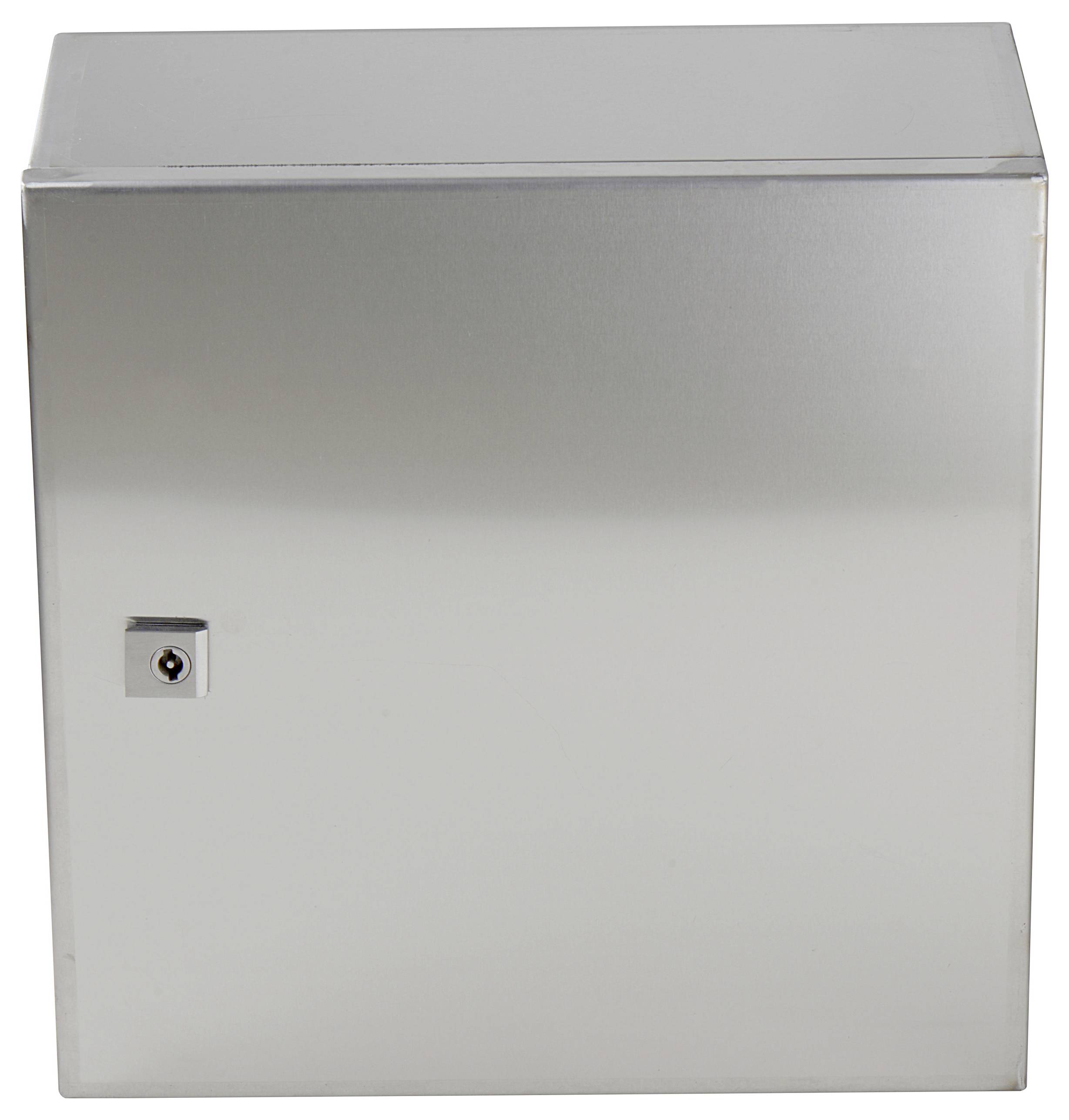 Metallkasten mit verriegelbarer Tür, silberfarben. Geeignet für die sichere Aufbewahrung von Gegenständen oder Dokumenten.