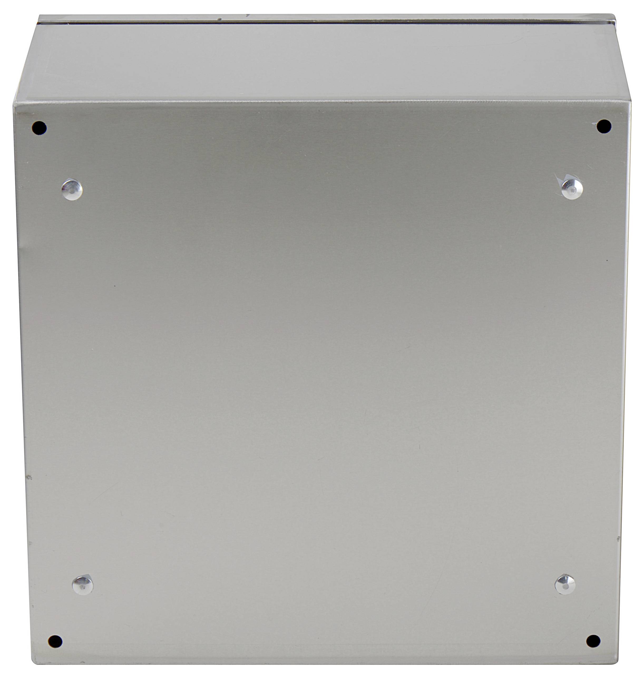Metallkasten mit sechs Schrauben, abgeschlossener Deckelansicht.